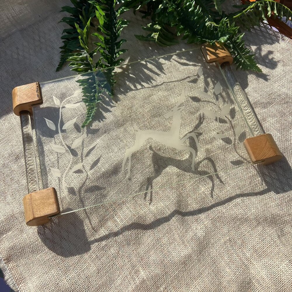 Vintage Unique 1970's Boho MCM Etched Glass Serving Tray With Deer Design & Wood